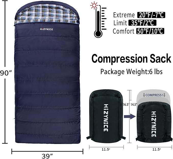 Cold Weather Sleeping Bag 100% Cotton Flannel XXL for Adults Big and Tall,Free Compression Sack