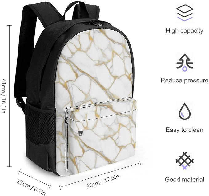 Supdreamc Lightweight Daypack Bookbag for Trekking Business Walking Cycling, Big Capacity Anti-Theft Multipurpose Carry On Bag, Gold Marble White Business Computer Bag