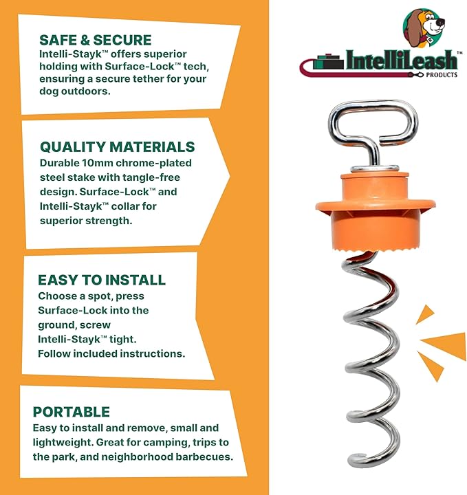 IntelliLeash Intelli-Stayk: Beast Dog Surface-Lock Tie-Out Stake for Large and Strong Dogs