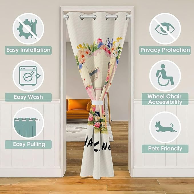 Happy Camping Adventure Door Curtain,RV Trailer Cartoon Camper Blackout Curtain,Rose Flowers Leaf Rustic Nature Bedroom Doorway Living Room Decor,Pink Beige Privacy Door Drape 1 Panel,60" W X 80" L