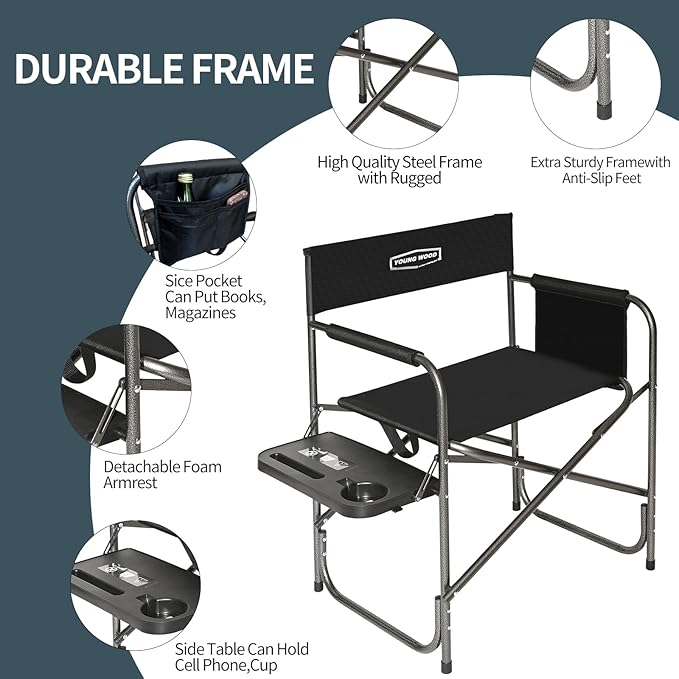 YOUNG WOOD Camping Directors Chair, Lightweight Oversized Portable Folding Chair with Side Table and Storage Pockets for Outdoor Camping, Lawn, Picnic and Fishing, Supports 400lbs (Black)