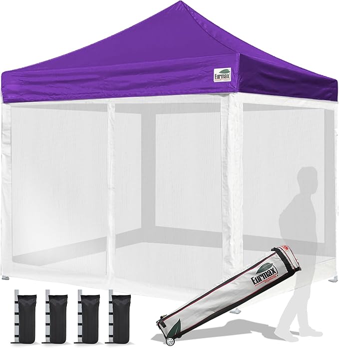 Eurmax USA 10'x10' Pop-up Canopy Tent Commercial Instant Canopies with 4 Removable Zipper End Screen Wall kit and Roller Bag, Bonus 4 SandBags(Purple)