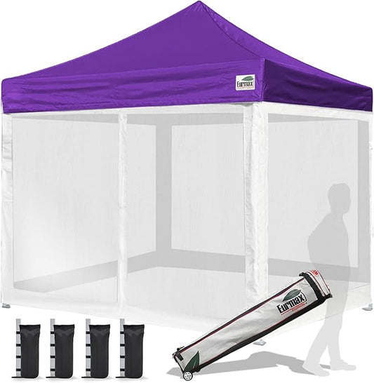 Eurmax USA 10'x10' Pop-up Canopy Tent Commercial Instant Canopies with 4 Removable Zipper End Screen Wall kit and Roller Bag, Bonus 4 SandBags(Purple)
