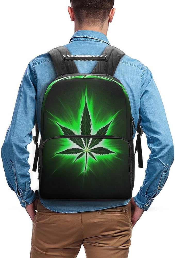 Men Women Lightweight Green Weedleaf Leaf Black Casual Daypack Large Capacity Bookbag With Adjustable Shoulder Straps for Gym Business Bicycle