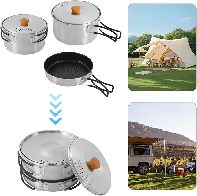 Camping Cookware Set, 304 Stainless Steel Camping Pots and Pans Set Outdoor Cookware Set with Storage Bag Campfire Cooking Equipment for Camping Outdoor Cooking Picnic