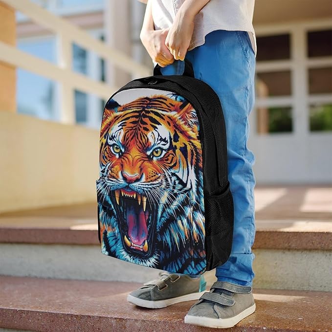Supdreamc Men Women Lightweight Blue Fierce Wild Tiger Animal King Art Daypack Bookbag Big Capacity Carry On Bag With Side Pockets for Camping Travel Bicycle
