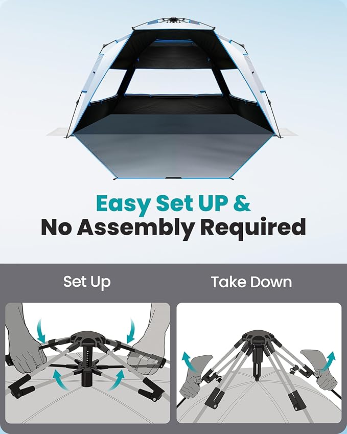 OutdoorMaster Beach Tent with Blackout Shelter Technology, Portable Sun Shade Shelter 4 Person, Pop Up Beach Tents with UPF 50+ UV Protection, 9.5mm Thick Pole, 3 Ventilating Mesh Windows