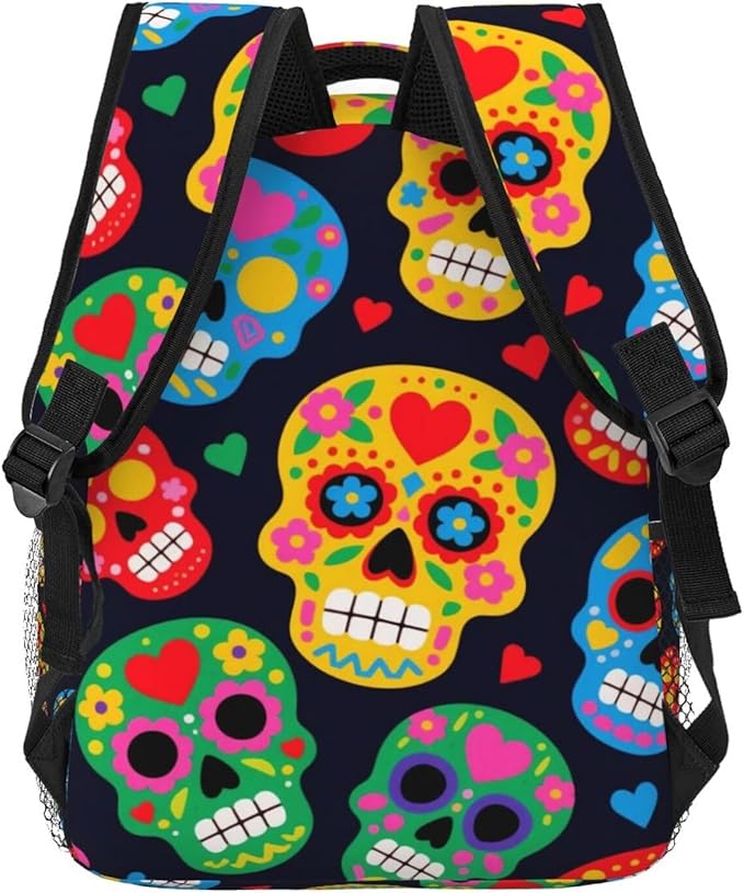 Men Women Lightweight Mexican Sugar Skulls Backpack Large Capacity Bookbag With Smooth Zippers for Gym Business Running