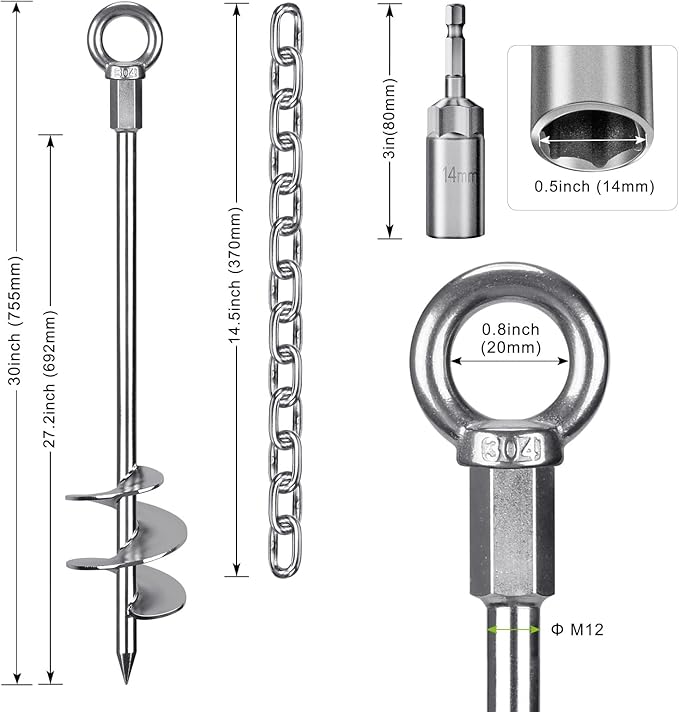 30'' Ground Anchors Screw in with Chain, Heavy Duty Trampoline Stakes, 4pcs Trampoline Anchors, Mobile Home Anchors for Camping Tents, Carports, Sheds, Swing Sets
