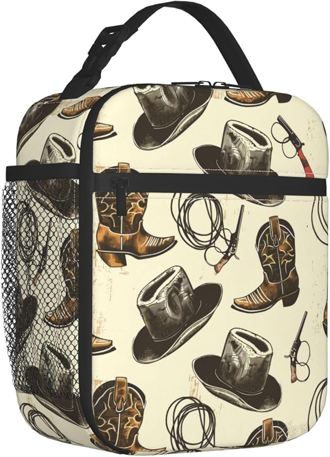 Reusable Western Lunch Box for Kids Girls Boys Women Adult, Insulated Cowboy Hat Boot Lunch Bag,Polyester Cooler Lasso Handbags Case for School Picnic Work Travel Beach or Hiking (Vintage)