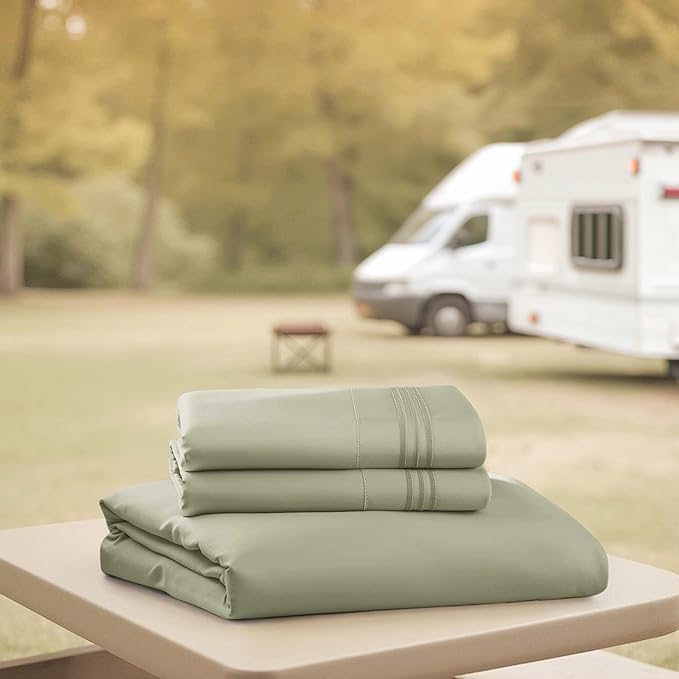 Hearth & Harbor Short Queen Sheets for RV, Sage Green RV Queen Sheets, Silky Soft 1800 Microfiber Bed Sheet for Camper, 4 Piece RV Bedding with Pillowcases