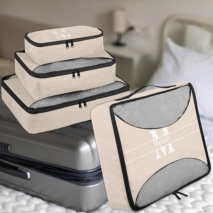 Personalized Compression Packing Cubes with Name Initial Letter, Beige Color 4 Set Mesh Travel Organizer Bags for Carry on, Luggage, Suitcase