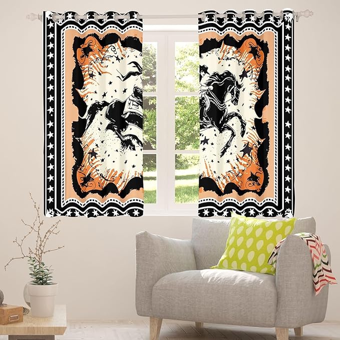 Manfei Western Blackout Curtains Southwestern Country Horse Cowboy Window Drapes,Rustic Farmhouse Window Treatments,Kids Boys Girls Room Decor,Grommet Top 2 Panel Set Bedroom Curtains, 38Wx45L inch