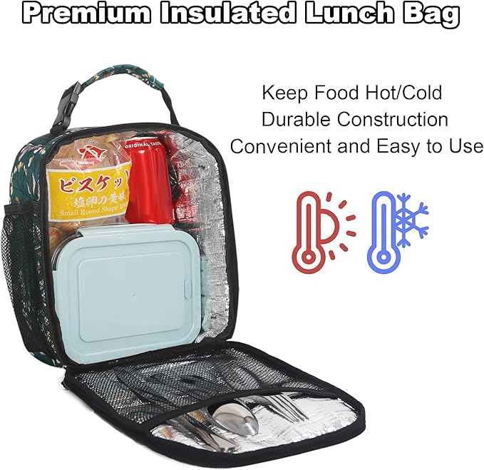 Lunch Box for Men Women Adults Small Lunch Bag for Office Work Picnic - Reusable Portable Lunchbox, Malachite Green Flower