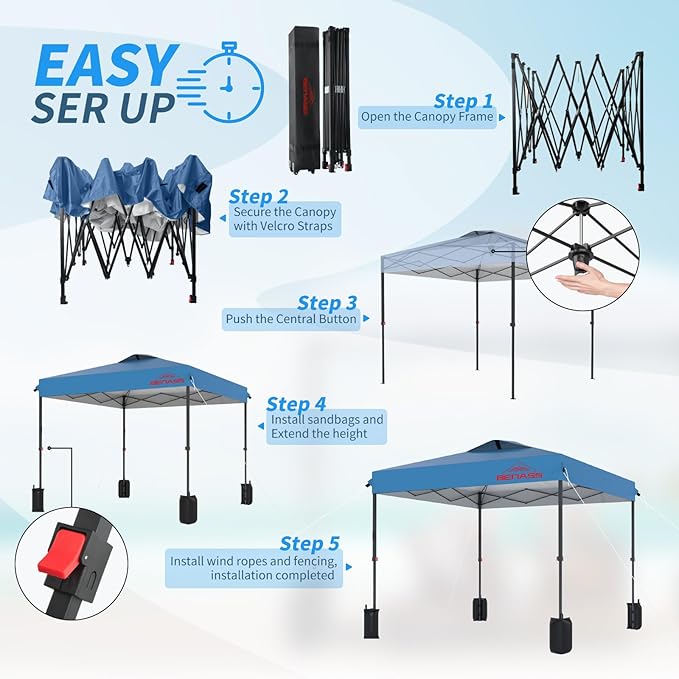 8x8 Pop Up Canopy with Sidewalls, Easy Up Canopy Tent, Heavy Duty Tents for Parties, One Person Set Up Event Tent, Light Blue