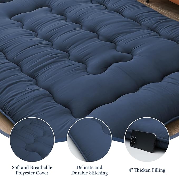 DAICO Japanese Floor Mattress, 4'' Thicken Futon Mattress Tatami Mat, Sleeping Pad Foldable Roll Up Mat for Camping and Guest Room, Twin Size 39''*80'', Navy