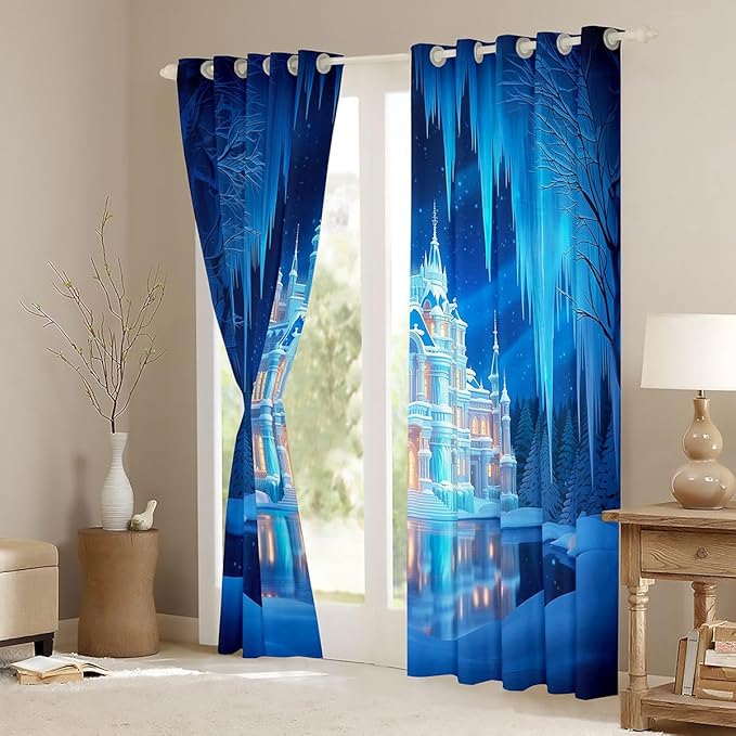 Manfei Dreamy Castle Blackout Curtains Winter Snow Scenery Window Drapes,Princess Theme Window Treatments,Kids Boys Girls Room Decor,Grommet Top 2 Panel Set Bedroom Curtains, 52Wx63L inch