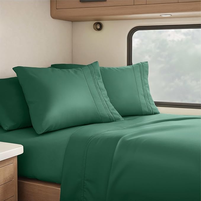 Hearth & Harbor Short Queen Sheets for RV, Dark Green RV Queen Sheets, Silky Soft 1800 Microfiber Bed Sheet for Camper, 4 Piece RV Bedding with Pillowcases