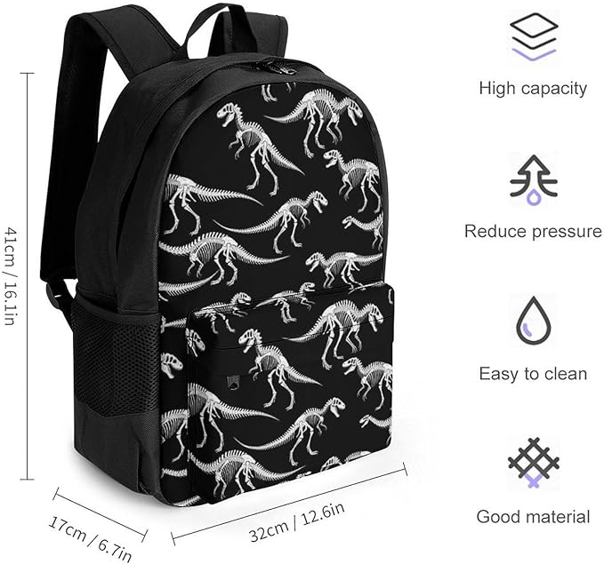 Supdreamc Men Women Lightweight Dinosaur Skull Skeleton Black Backpack Large Capacity Bookbag With Smooth Zippers for Gym Business Running