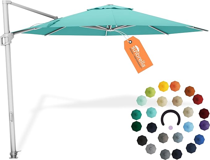Midtown Umbrellas 10 Ft Outdoor Cantilever Patio Umbrella w/Sunbrella Aruba - Rotate Tilt 360° Rotate Offset Patio Umbrella, Deck Patio Umbrella, Backyard Umbrella & Garden Umbrella - Silver Frame