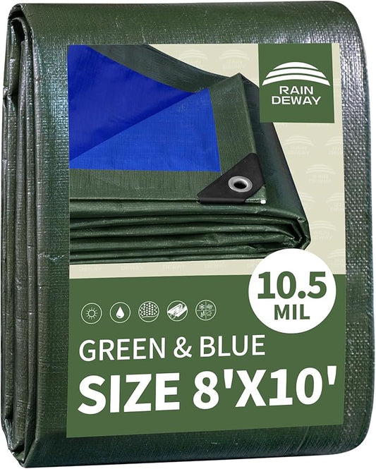 RAINDEWAY Tarps Heavy Duty Waterproof 8x10 Feet,10.5 Mil Waterproof Tarps for Outdoors,Multipurpose Poly Tarp Cover with Metal Grommets and Reinforced Edges,Green/Blue