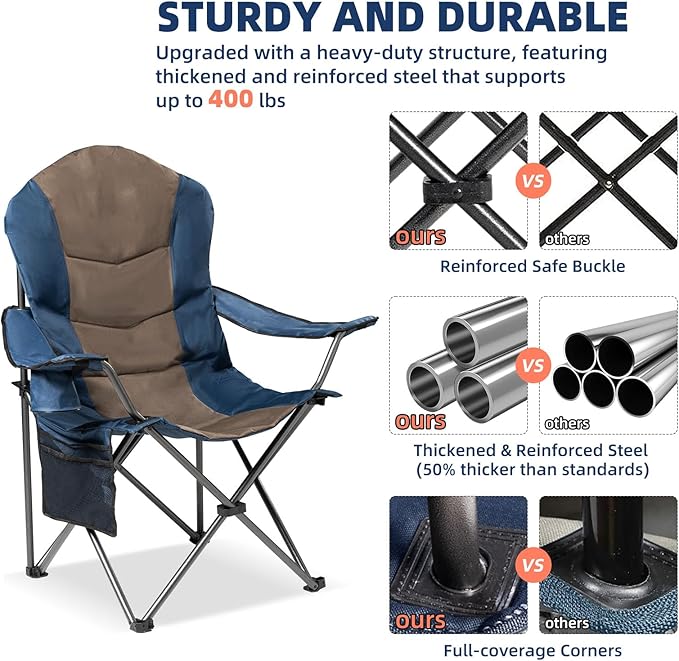 2 Pack Folding Camping Chairs for Adults - High Back Padded Portable Outdoor Lawn Chairs 400lbs Capacity, Adjustable Armrests - Lightweight Camp Chairs Set (Blue & Brown)