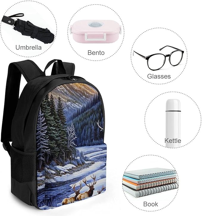 Supdreamc Daypack Backpack Anti-Theft Multipurpose Large Capacity Carry On Bag, Elk Winter Snow Traveling Camping Backpack With Side Pockets