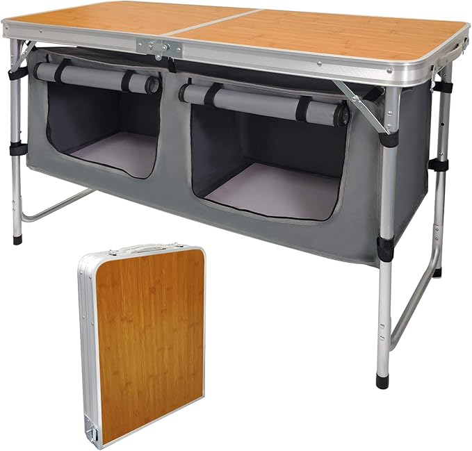 Folding Camping Table with Storage Lightweight Camp Tables Portable Indoor/Outdoor Collapsible Table Height Adjustable Camp Kitchen Perfect for Picnic, Beach, Travel, Tailgating, Backyards, BBQ, Party
