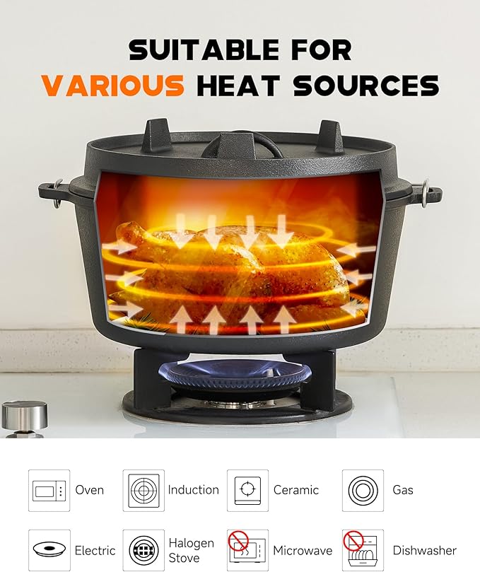 DARTMOOR 9 Quart Pre-Seasoned Cast Iron Dutch Oven with Lid and Lid Lifter Tool Outdoor Deep Camp Pot for Camping Fireplace Cooking BBQ Baking Campfire 9 QT