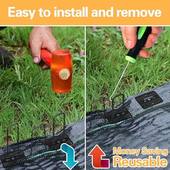 Bakulyor 50 Pcs Black Landscape Staples + 50 Pcs Buffer Washer, 6 Inch 11 Gauge Garden Stakes Anchor, U Shaped Galvanized Lawn Pins Heavy Duty Yard Ground Pin for Weed Barrier Sod Fabric Decorations