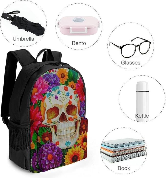 Rucksack Anti-Theft Multipurpose Big Capacity Carry On Bag, Colorful Sugar Skull Floral Traveling Camping Backpack With Side Pockets