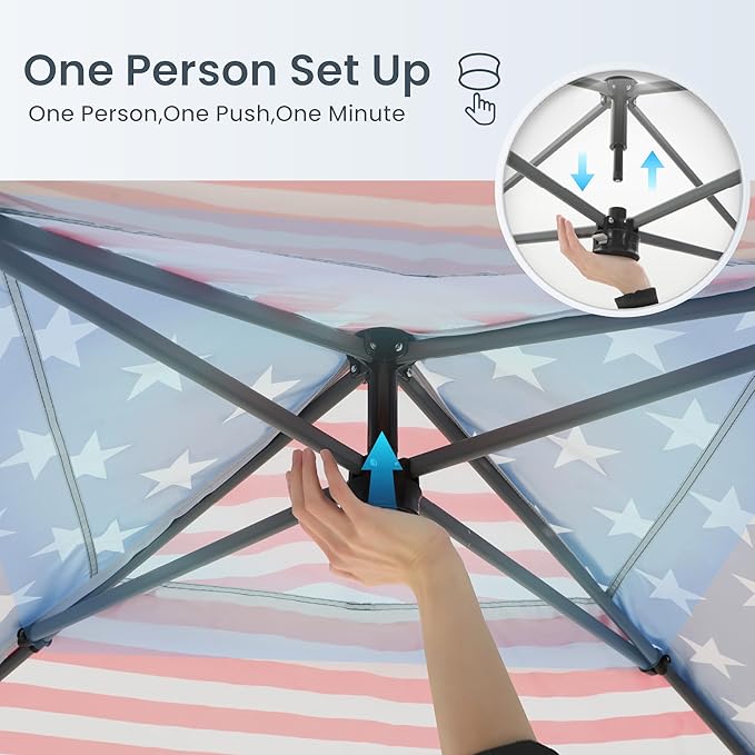 PHI VILLA 10’x10’ Pop Up Canopy Tent - One Push Setup, Instant Shade Tent with Vented Roof for Beach & Events - Includes Storage Bag, Sandbags, Stakes & Ropes (American Flag)
