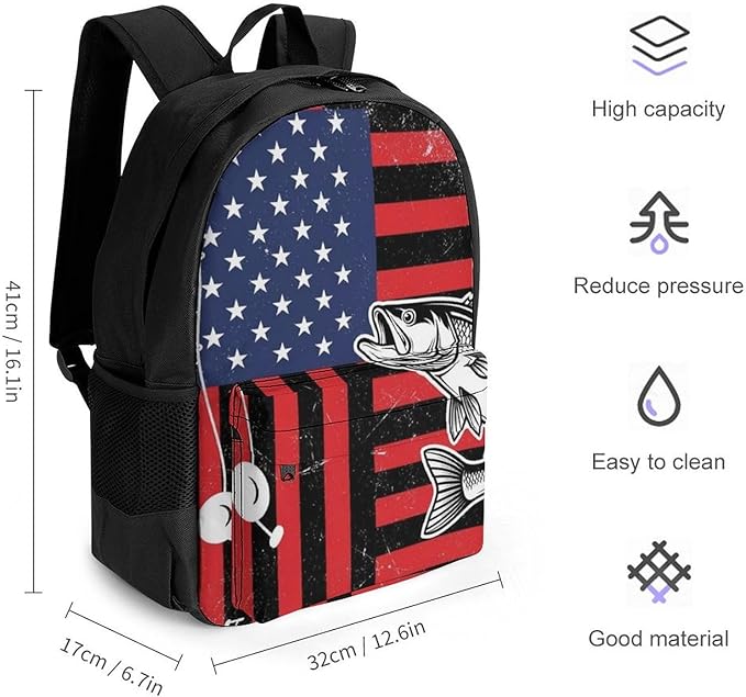Shoulder Book Bags Polyester Multipurpose Anti-Theft American Bass Fishing Lure Flag Red Carry On Bag Large Capacity Travel Hiking Camping Rucksack