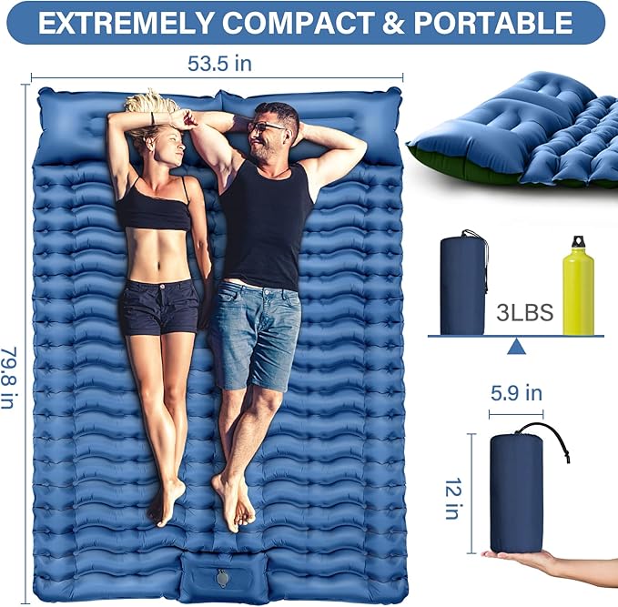 Double Camping Sleeping Pad with Built-in Foot Pump and Pillows – Ultralight Inflatable Sleeping Mat for 2 Person, Compact Air Mattress for Backpacking Hiking Tent Camping, Portable Outdoor