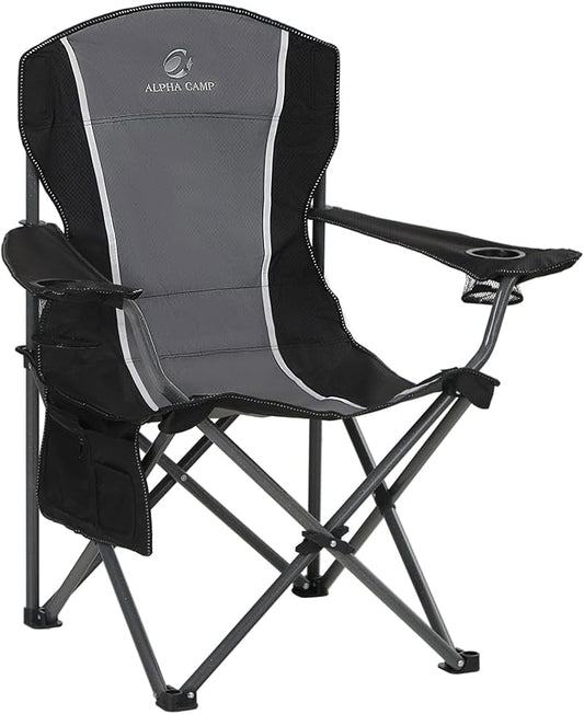 LET'S CAMP Oversized Outdoor Folding Camping Chair, Heavy Duty Arm Chair with Cup Holder and Storage Bag, 350 LBS Weight Capacity, Grey