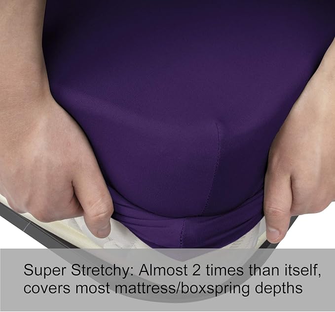 Queen Size Fitted Sheet Only - 4-Way Stretch Knit, Snug Fit, Wrinkle Free & Stay in Place, No More Slipping Off for Mattress, Soft & Comfortable - Purple, Queen