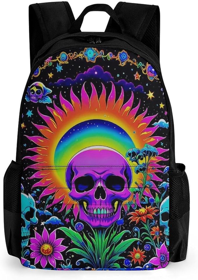 Supdreamc Men Women Polyester Psychedelic Skull Sun And Moon Neon Art Casual Daypack Large Capacity Carry On Bag With Adjustable Shoulder Straps for Camping Work Running