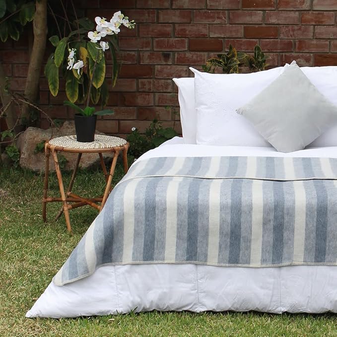 Thick Alpaca Wool Blanket Heavyweight Camping Outdoors Indoors Soft Peru Twin Size Stripes Design (Sky Blue/Ivory, Twin Size)
