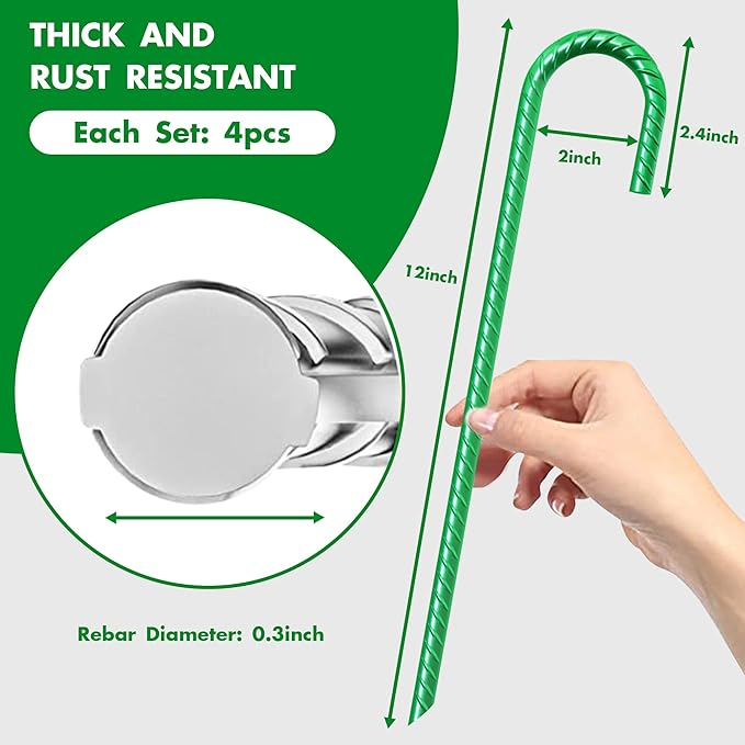 Eurmax USA Trampolines Stakes Heavy Duty Ground Stakes Canopy Parts Wind Stake with Rope 12 Inch Heavy Duty Stake Safety Ground Anchor Galvanized Steel J Shaped, Pack of 4(Green)
