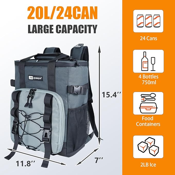 Cooler Backpack, AYAMAYA 24 Cans Insulated Lunch Backpack Cooler Leakproof, Keeps Hot/Cold for Up to 16 Hours, Lightweight Waterproof Beach Travel Camping Cooler Bag for Men and Women