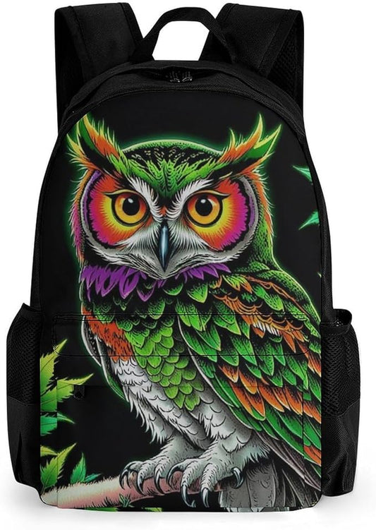 Men Women Lightweight Owl Green Weedleaf Art Casual Daypack Large Capacity Bookbag With Adjustable Shoulder Straps for Gym Business Bicycle