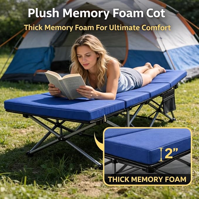 Slsy Camping Cot with 2" Memory Foam Mattress, Upgraded Padded Folding Cot Bed with Carry Bag, Portable Sleeping Cot for Camping, Travel, Beach & Hiking