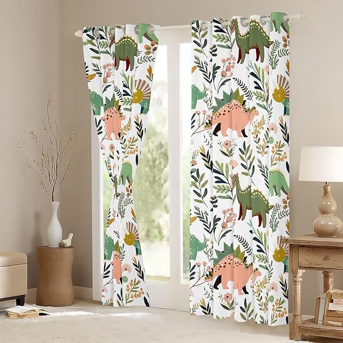 Green Dinosaurs Window Curtain | Tropical Palm Leaf Window Treatment Curtain for Men Bedroom Decor,Cartoon Dinosaur Curtains Colorful Floral Living Room Top 2 Panels,52Wx63L