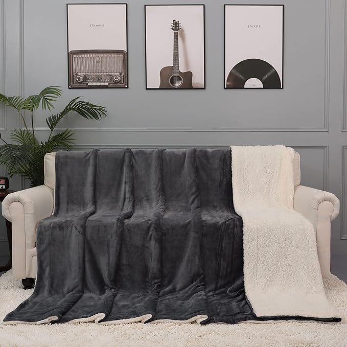 NANPIPER King Size Sherpa Blanket, Soft Fleece Throw for Bed, Reversible Thick Fuzzy Blanket for Winter (Grey, 90x108 inches)