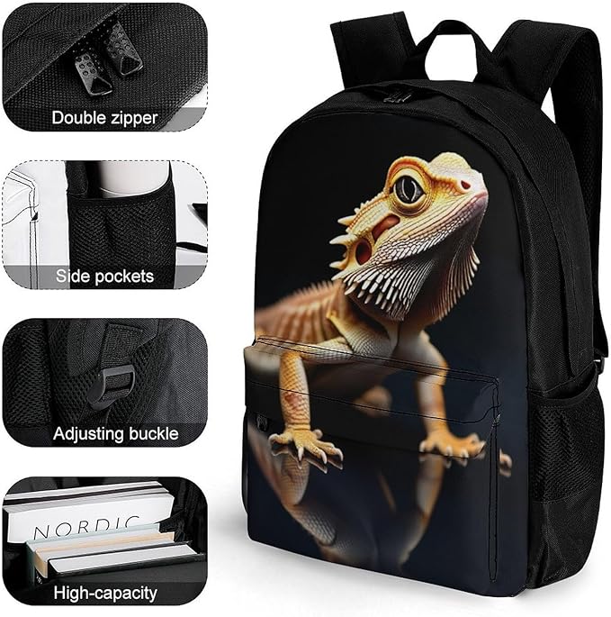 Men Women Polyester Cool Bearded Dragon Lizards Animal Black Daypack Backpack Large Capacity Carry On Bag With Smooth Zippers for Hiking Picnic Walking Cycling