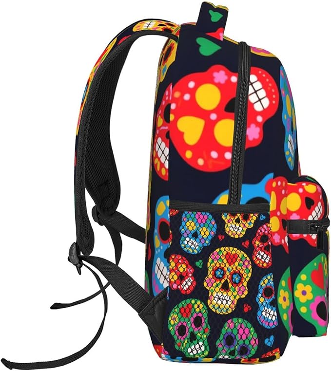 Men Women Lightweight Mexican Sugar Skulls Backpack Large Capacity Bookbag With Smooth Zippers for Gym Business Running