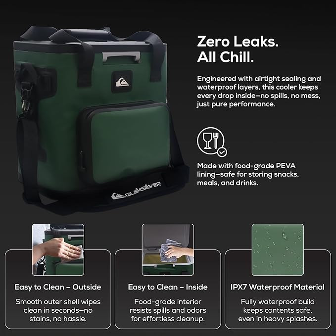 Quiksilver Zipperless Backpack Cooler 30L, Holds 36 Cans, 48 Hour Insulation, Leakproof & Waterproof Design, Heavy Duty TPU, IPX7, Padded Straps, Kangaroo Pockets