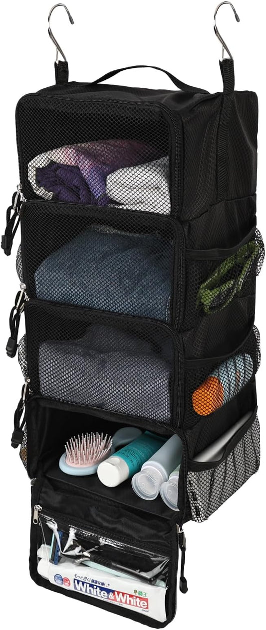 Surblue Travel Hanging Packing Cubes with 2 Hooks Hanging Shelves for Luggage Organizers Portable Compression 4 Shelf Closet Carry-on Suitcases Organizers, Small, Black