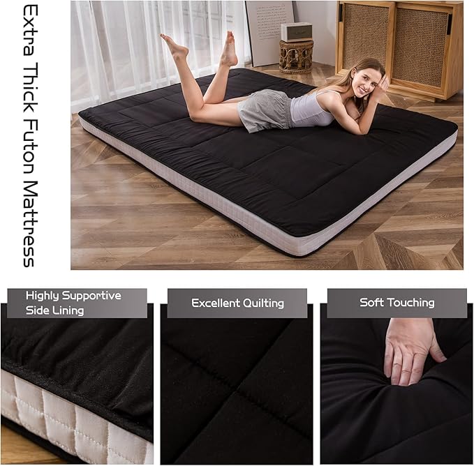 MAXYOYO King Bed Mattress Japanese Floor Futon Mattress, King Tatami Pad Camping Floor Bed Topper, Easy to Foldable and Portable, Floor Futon Couch, Black