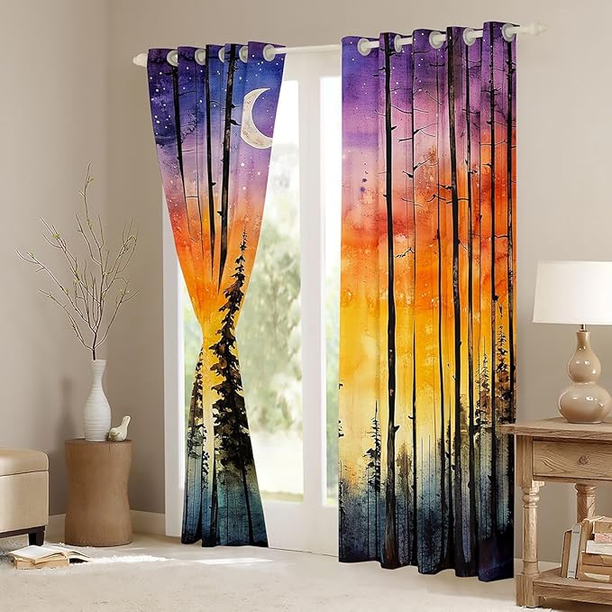 Happy Camping RV Blackout Curtains,Starry Sky Moonlight Pine Tree Natural Window Drapes,Camper Rustic Farmhouse Adventure Nursery Bedroom Playroom Decor,Orange 2 Panels,42Wx63L inch